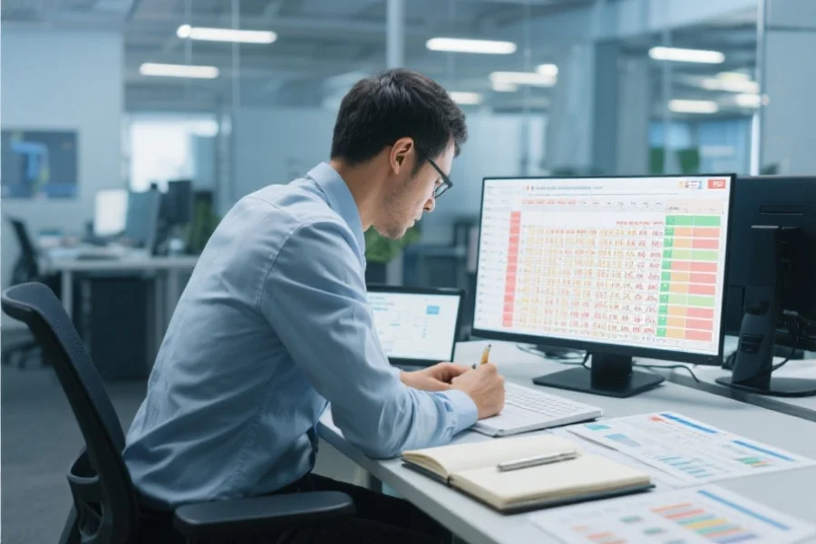 一位数据分析师正在专注地研究高频开奖走势图表，桌面上有笔记本和数据报表，背景为现代办公环境