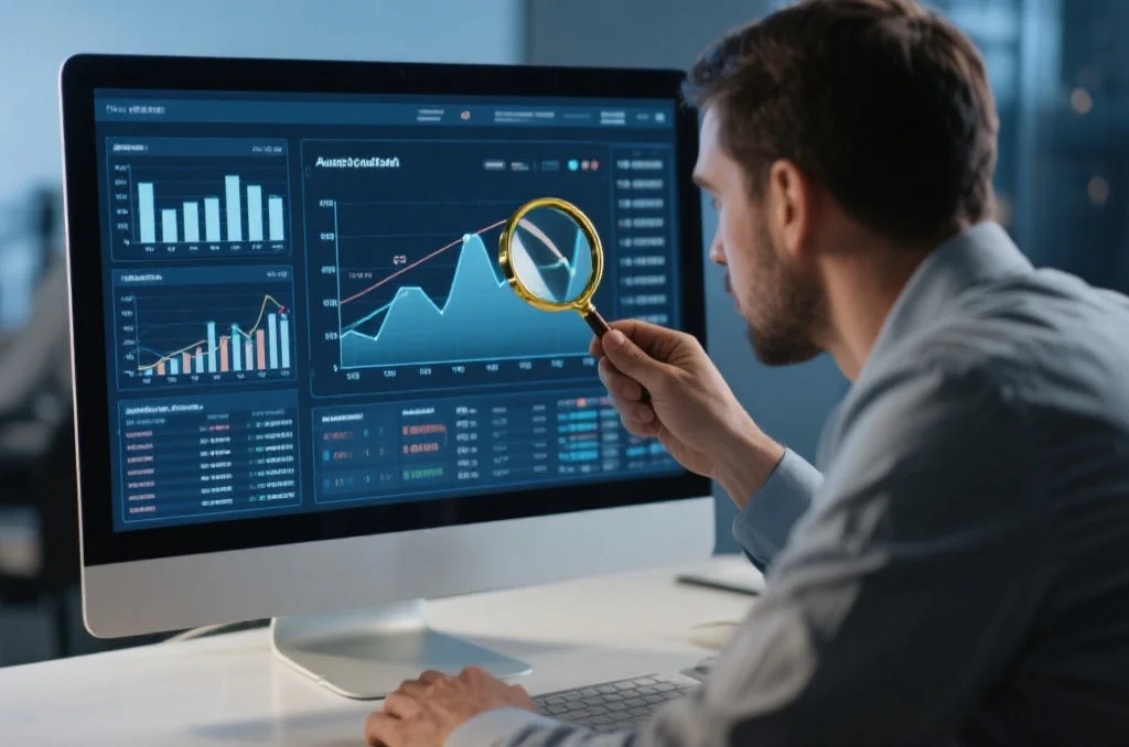 分析师专注观察数据走势图中的异常值